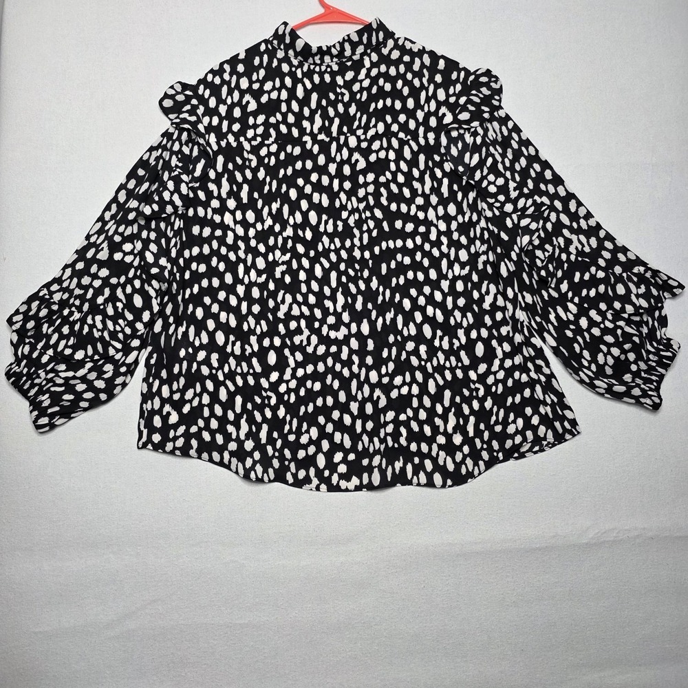 Chico's Blouse Womens 3.5 US 18 Black White Dot Print Ruffle Button Up Artsy